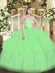 Fitting Organza Sweetheart Sleeveless Lace Up Beading and Ruffled Layers Quince Ball Gowns in Apple Green