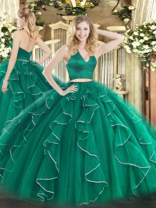 Suitable Dark Green Organza Zipper Halter Top Sleeveless Floor Length Vestidos de Quinceanera Ruffles