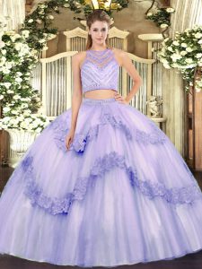 Lavender Sleeveless Tulle Zipper Quince Ball Gowns for Military Ball and Sweet 16 and Quinceanera