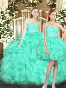 Glorious Turquoise Lace Up Sweetheart Ruffles Quinceanera Gowns Tulle Sleeveless