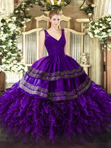 Sumptuous V-neck Sleeveless Organza Quince Ball Gowns Beading and Ruffles Zipper