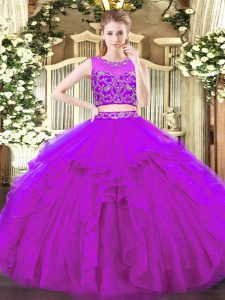 Scoop Sleeveless Zipper 15 Quinceanera Dress Purple Tulle