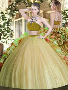 Deluxe Tulle Bateau Sleeveless Backless Beading and Ruffles 15 Quinceanera Dress in Olive Green