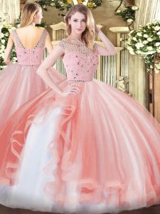 Best Floor Length Peach Sweet 16 Dresses Tulle Sleeveless Beading and Ruffles