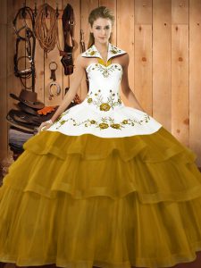 Best Olive Green Sleeveless Brush Train Embroidery and Ruffled Layers Sweet 16 Dress