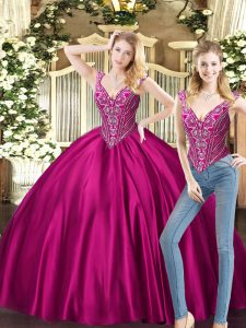 Shining V-neck Sleeveless Quinceanera Dress Floor Length Beading Fuchsia Tulle