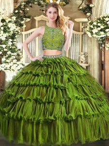 Popular Two Pieces 15 Quinceanera Dress Olive Green High-neck Tulle Sleeveless Floor Length Zipper