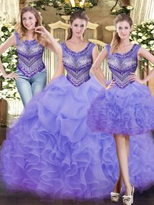 Lavender Tulle Lace Up Quince Ball Gowns Sleeveless Floor Length Beading and Ruffles