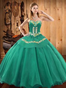 Vintage Turquoise Ball Gowns Satin and Tulle Sweetheart Sleeveless Embroidery Floor Length Lace Up Quinceanera Gown
