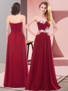 Trendy Wine Red Lace Up Prom Dress Appliques Sleeveless Floor Length