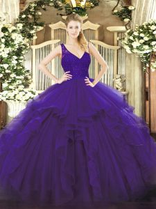 Purple Organza Zipper V-neck Sleeveless Floor Length Quince Ball Gowns Beading and Ruffles