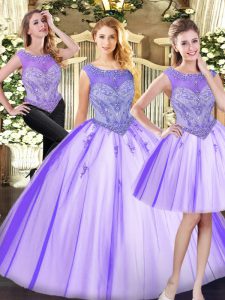 Lavender Scoop Zipper Beading Sweet 16 Dress Sleeveless