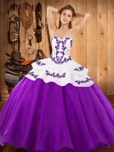 Suitable Strapless Sleeveless Ball Gown Prom Dress Floor Length Embroidery Eggplant Purple Satin and Organza