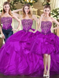 Eye-catching Strapless Sleeveless Lace Up Quinceanera Gown Fuchsia Tulle