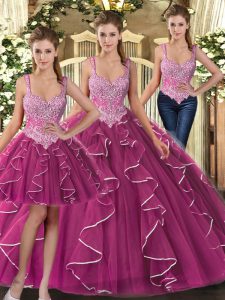 Fuchsia Tulle Lace Up Straps Sleeveless Floor Length Sweet 16 Dress Beading and Ruffles