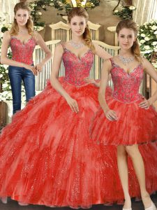 Red Sleeveless Organza Lace Up Sweet 16 Dress for Military Ball and Sweet 16 and Quinceanera