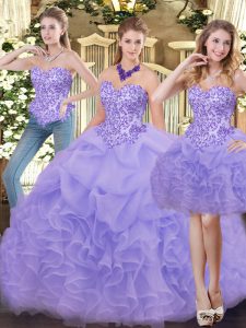 Customized Sweetheart Sleeveless Organza Quinceanera Gown Appliques and Ruffles Zipper