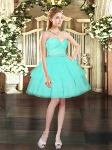 Perfect Mini Length Ball Gowns Sleeveless Aqua Blue Evening Dress Lace Up