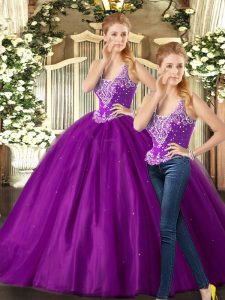 Fantastic Purple Tulle Lace Up Straps Sleeveless Floor Length Quinceanera Gown Beading