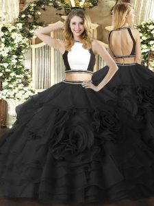 Black Tulle Zipper Halter Top Sleeveless Floor Length Quinceanera Gowns Ruffled Layers