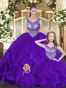 Designer Tulle Sleeveless Floor Length Sweet 16 Dress and Beading and Ruffles