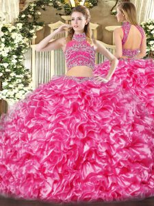 Charming Floor Length Two Pieces Sleeveless Hot Pink Vestidos de Quinceanera Backless
