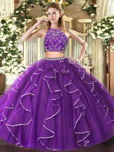 New Arrival Floor Length Two Pieces Sleeveless Purple 15th Birthday Dress Zipper