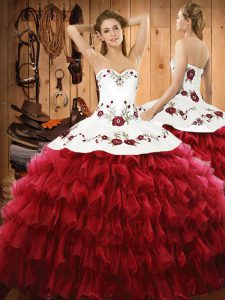 Fashionable Organza Sweetheart Sleeveless Lace Up Embroidery and Ruffled Layers Quinceanera Dress in Wine Red