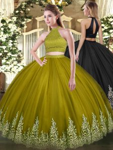 Stylish Sleeveless Floor Length Beading and Appliques Backless Sweet 16 Dresses with Olive Green