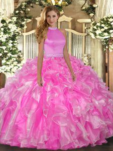 Dynamic Beading and Ruffles 15 Quinceanera Dress Rose Pink Backless Sleeveless Floor Length