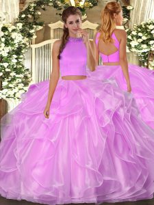 Wonderful Lilac Sleeveless Floor Length Beading and Ruffles Backless Sweet 16 Dress