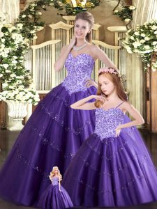Adorable Sleeveless Floor Length Beading Lace Up Sweet 16 Dress with Purple