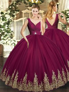 Fabulous Floor Length Burgundy Sweet 16 Dresses Tulle Sleeveless Beading and Appliques and Ruching