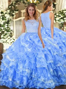 New Arrival Floor Length Light Blue 15th Birthday Dress Organza Sleeveless Lace and Ruffled Layers