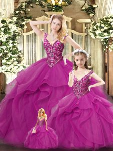 Romantic Organza Sleeveless Floor Length Quinceanera Dresses and Beading and Ruffles