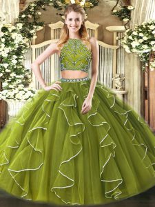 Glorious Sleeveless Tulle Floor Length Zipper 15 Quinceanera Dress in Olive Green with Beading and Ruffles