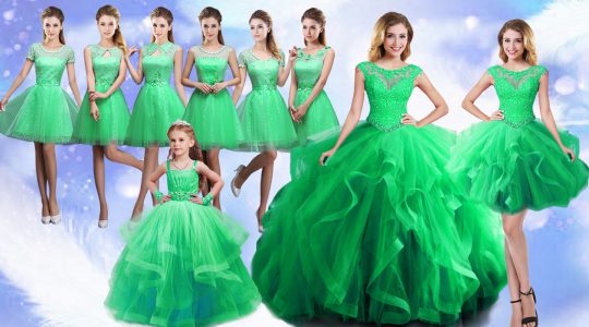 Sleeveless Floor Length Beading and Ruffles Lace Up Quinceanera Dresses with Green