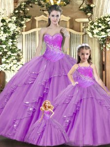 Lilac Sweetheart Lace Up Beading and Ruching Sweet 16 Dress Sleeveless