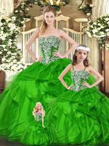 Green Lace Up Quince Ball Gowns Beading and Ruffles Sleeveless Floor Length