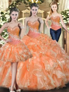 Tulle Sweetheart Sleeveless Lace Up Beading and Ruffles Sweet 16 Dresses in Orange Red