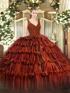 Glamorous Rust Red Ball Gowns Organza V-neck Sleeveless Beading and Ruffled Layers Floor Length Zipper 15th Birthday Dress