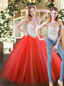 Beading Quinceanera Gown Coral Red Zipper Sleeveless Floor Length