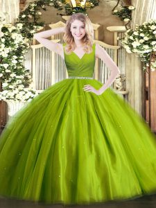 Olive Green Sleeveless Floor Length Beading Zipper Sweet 16 Dress