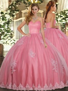 Sweetheart Sleeveless Tulle Ball Gown Prom Dress Beading and Appliques Lace Up