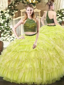 Yellow Green Zipper Sweet 16 Dress Beading and Ruffled Layers Sleeveless Floor Length