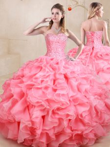 Sleeveless Floor Length Beading and Ruffles Lace Up Sweet 16 Dress with Watermelon Red