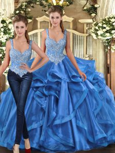 Floor Length Blue Quinceanera Gowns Tulle Sleeveless Beading and Ruffles