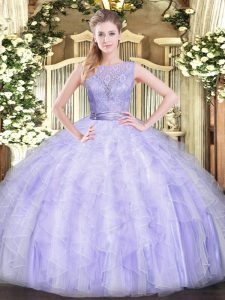 Organza Scoop Sleeveless Backless Beading and Ruffles Quinceanera Gown in Lavender
