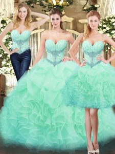 Fabulous Sleeveless Floor Length Beading and Ruffles Lace Up Quinceanera Gown with Apple Green