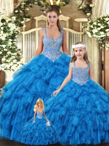 Floor Length Lace Up Quince Ball Gowns Teal for Military Ball and Sweet 16 and Quinceanera with Beading and Ruffles